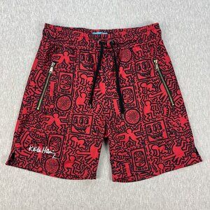 Keith Haring x Shoe Palace Shorts Mens M Red Signature All Over Print Art Active